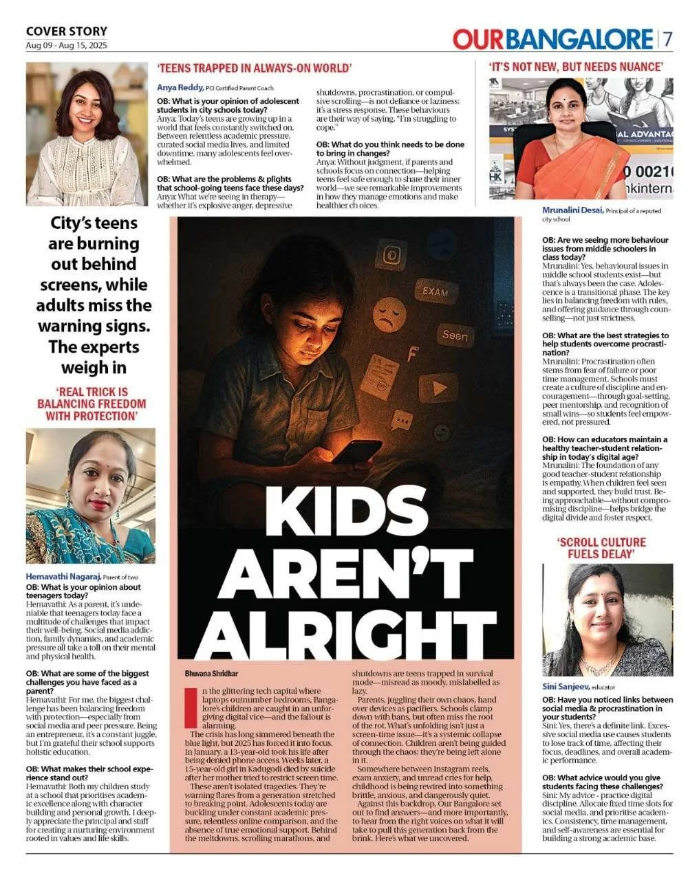 Our Bangalore magazine cover story highlighting the emotional impact of digital overload, social media, and screen dependence on children and teenagers.
