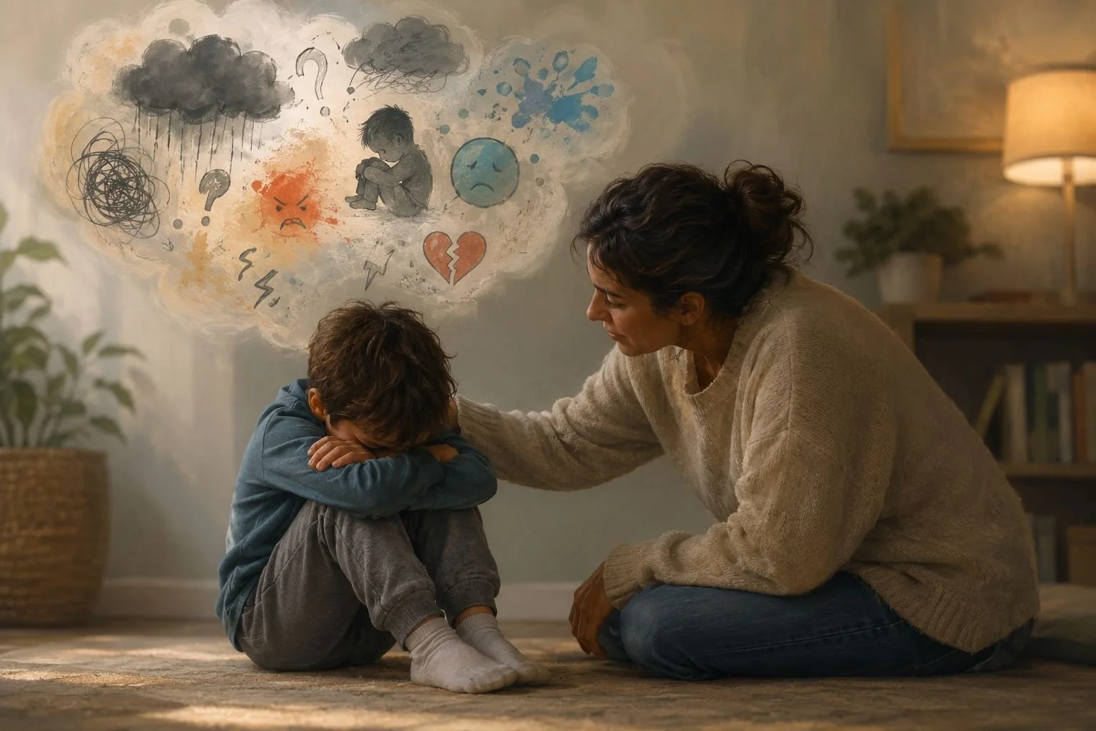 Parent supporting an emotionally overwhelmed child during a difficult moment at home