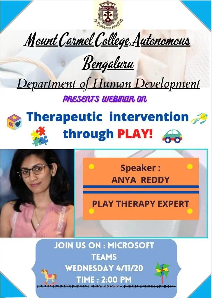 Poster for a Mount Carmel College webinar featuring Anya Reddy speaking on therapeutic intervention through Play Therapy, child development, and neurobiology.