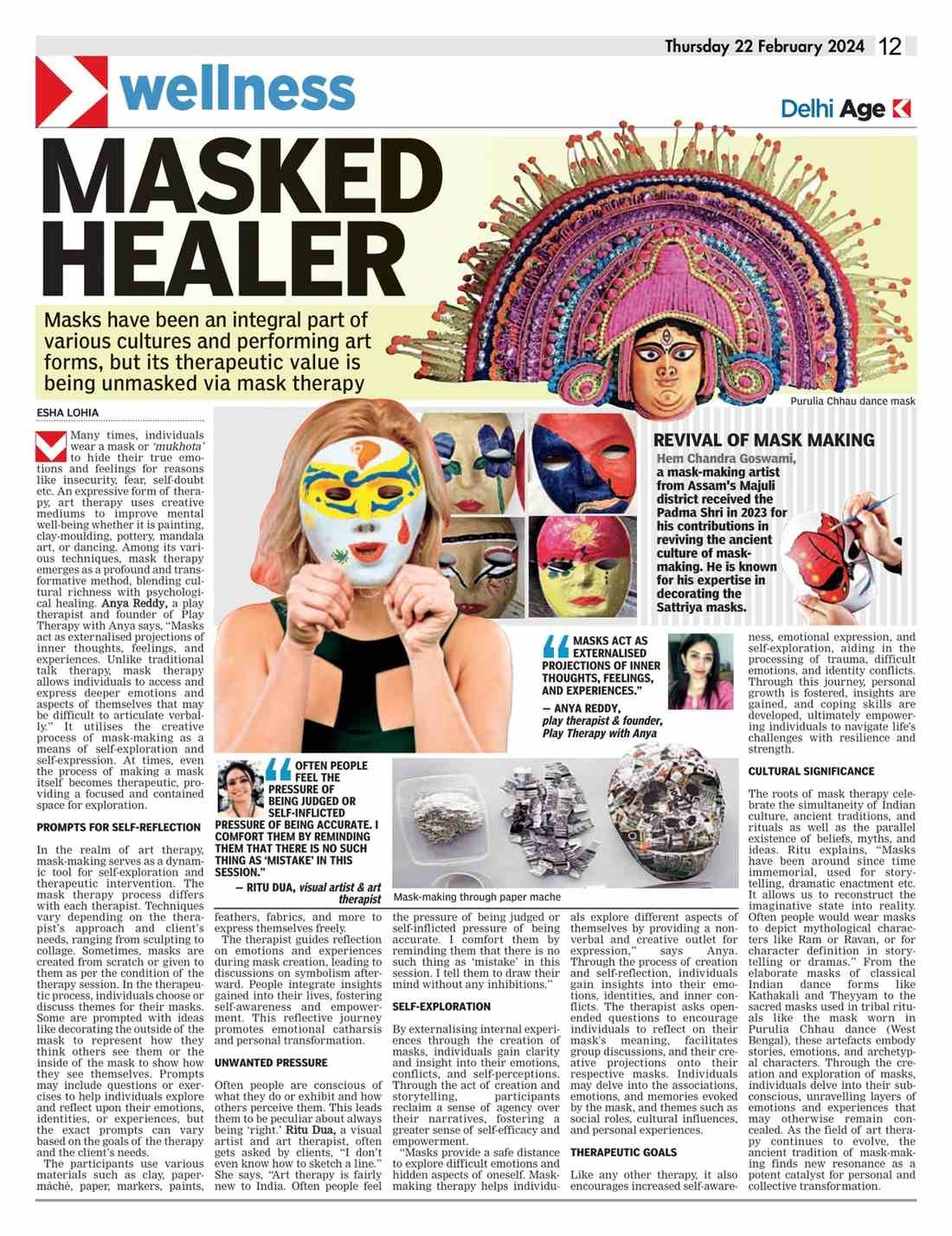 Newspaper feature on mask therapy and expressive arts therapy featuring insights from play therapist Anya Reddy in Delhi Age Wellness.
