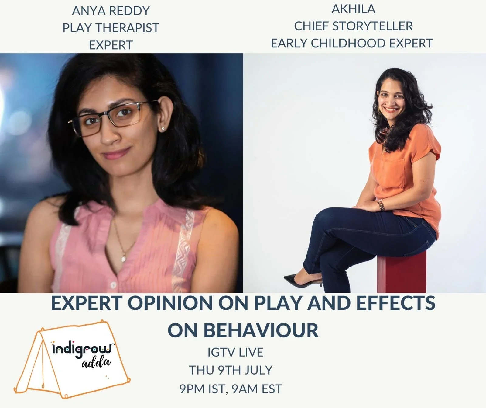 IGTV Live poster featuring Anya Reddy and Akhila Das discussing how play affects children’s behaviour, emotional development, and learning.