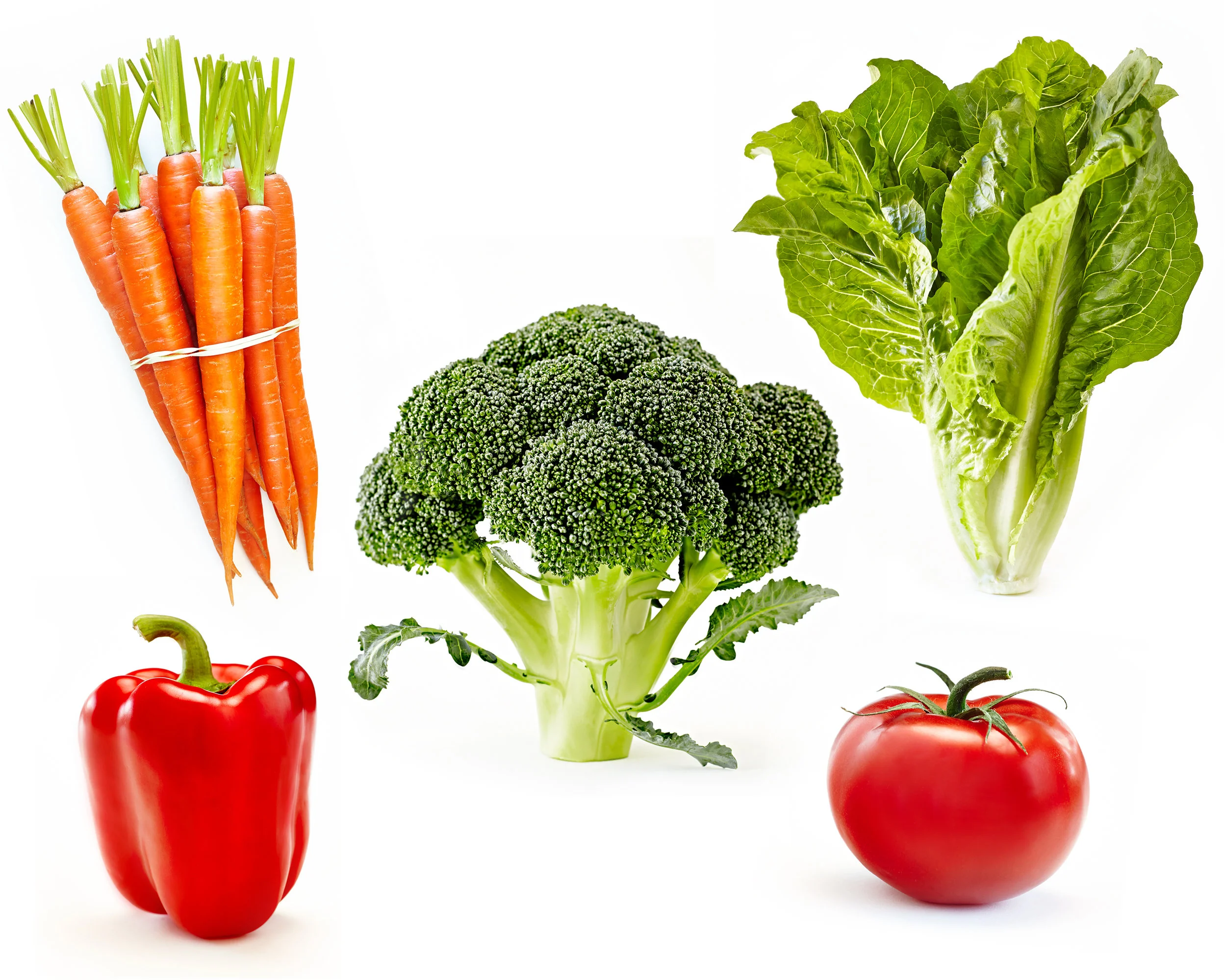 Beautiful fresh vegetables on white carrots, bell pepper, tomatoes, romaine lettuce, and broccoli