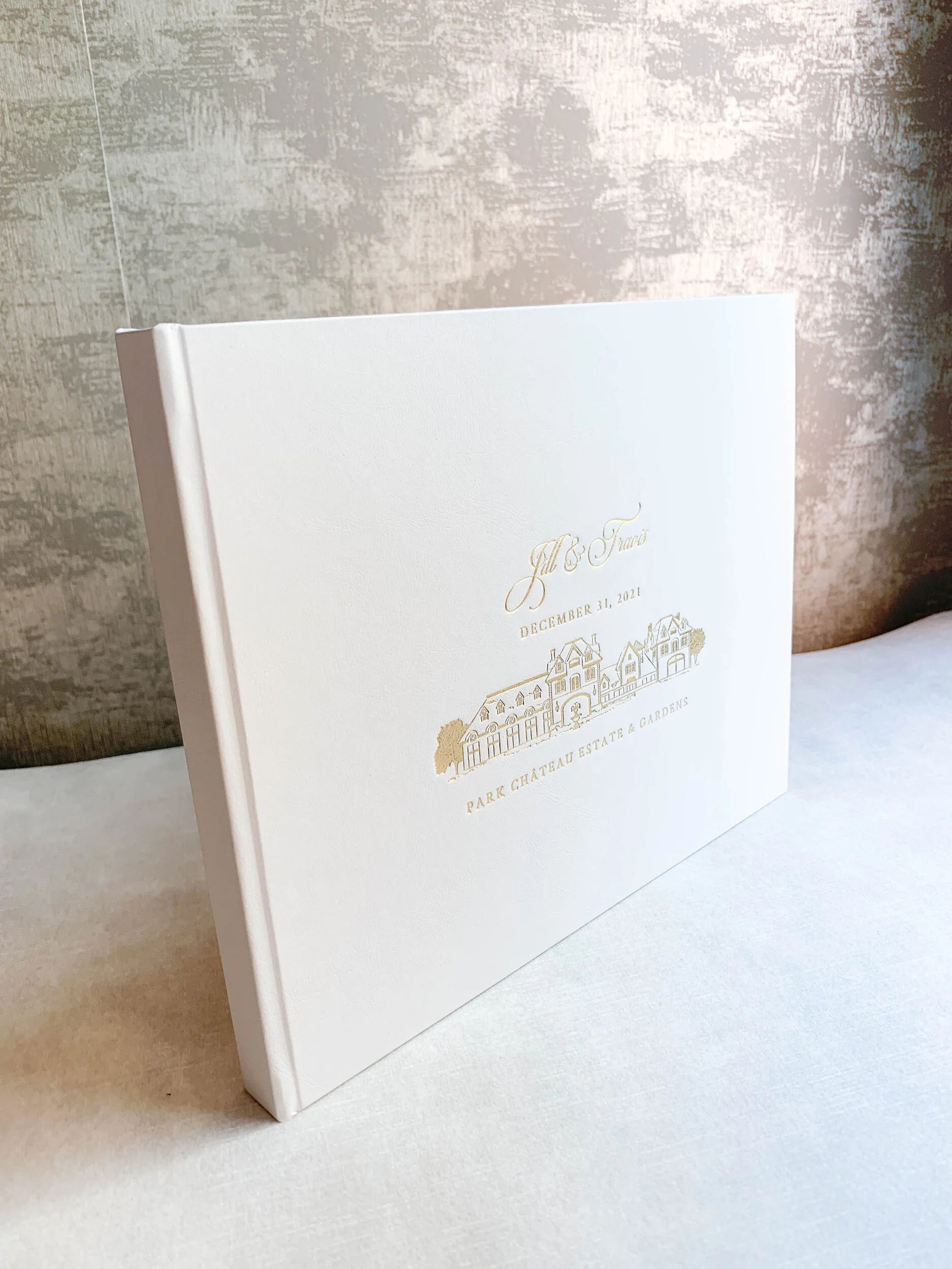 velvet guest book with venue sketch — LETTERING BY GRG