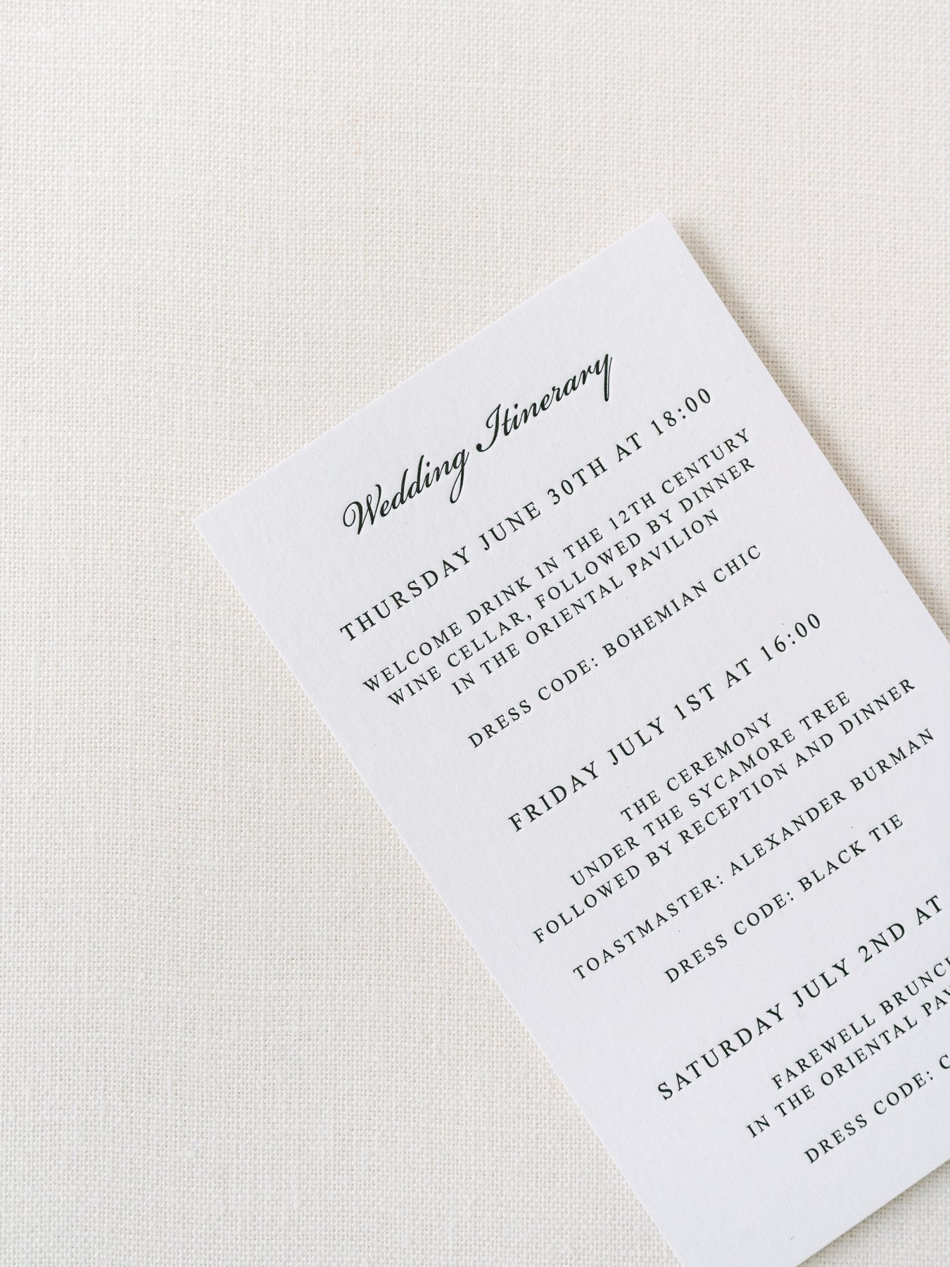 Wedding Itinerary card