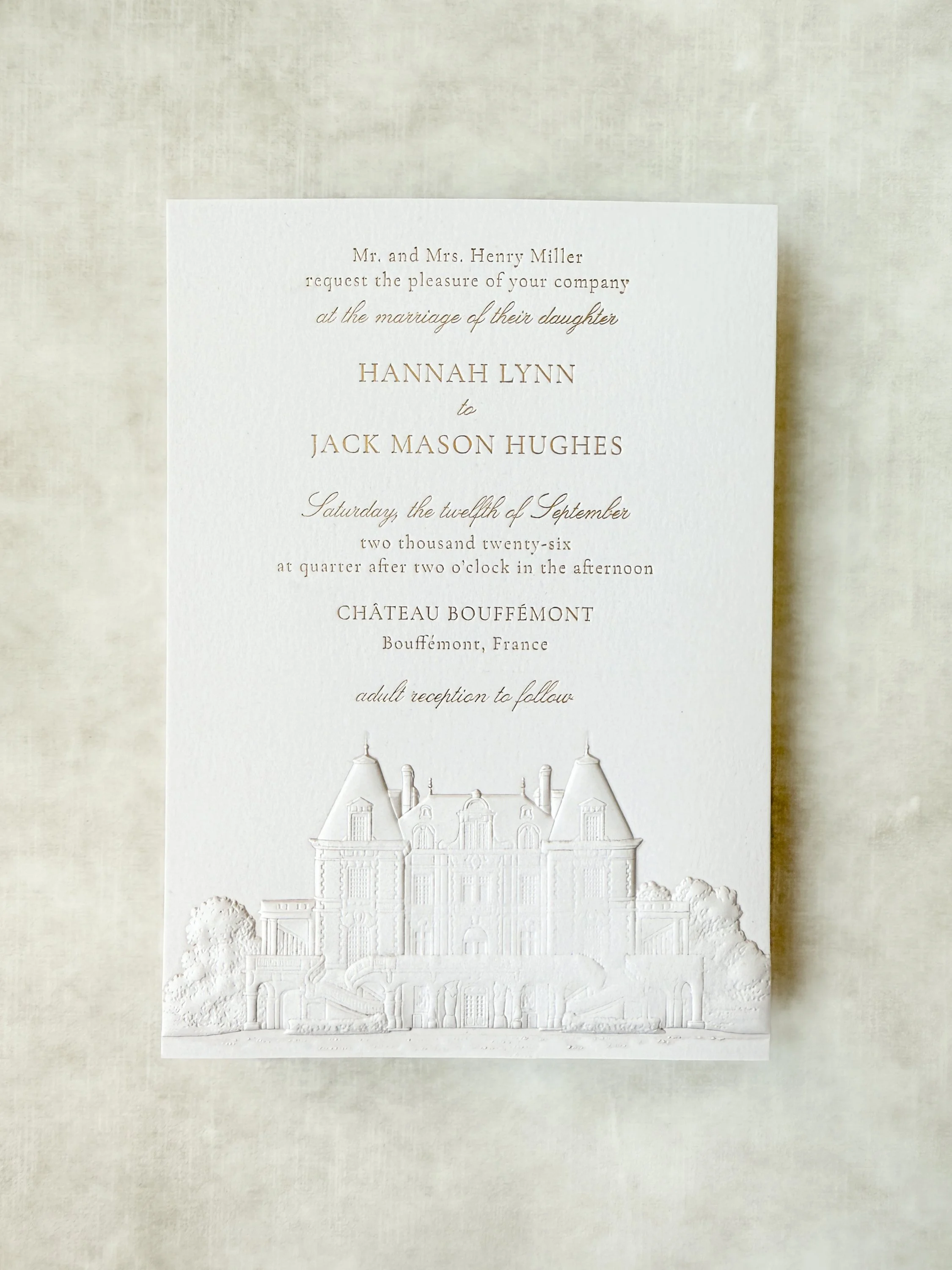 Sculpted embossed wedding invitations | Lettering By GRG