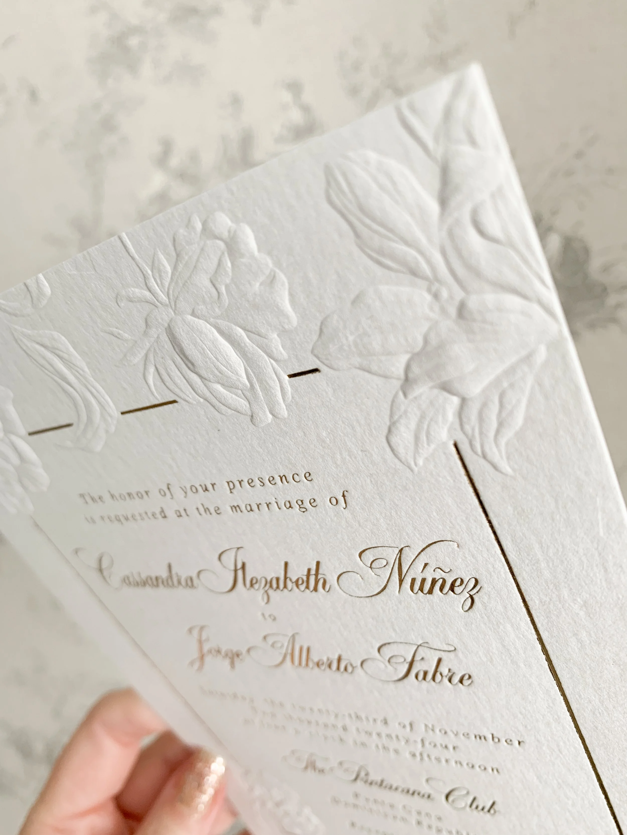 Sculpted embossed wedding invitations | Lettering By GRG