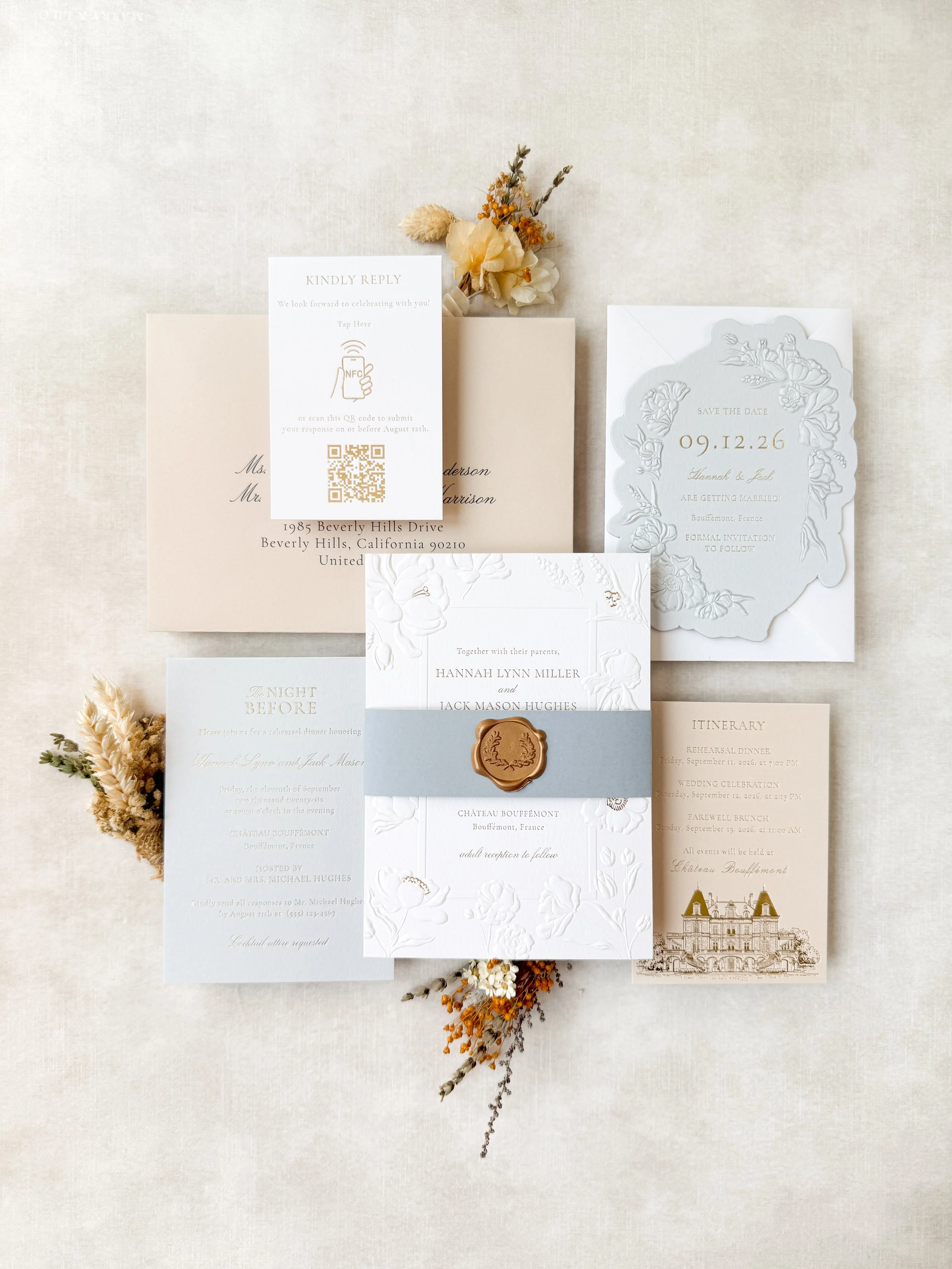 Sculpted embossed wedding invitations | Lettering By GRG