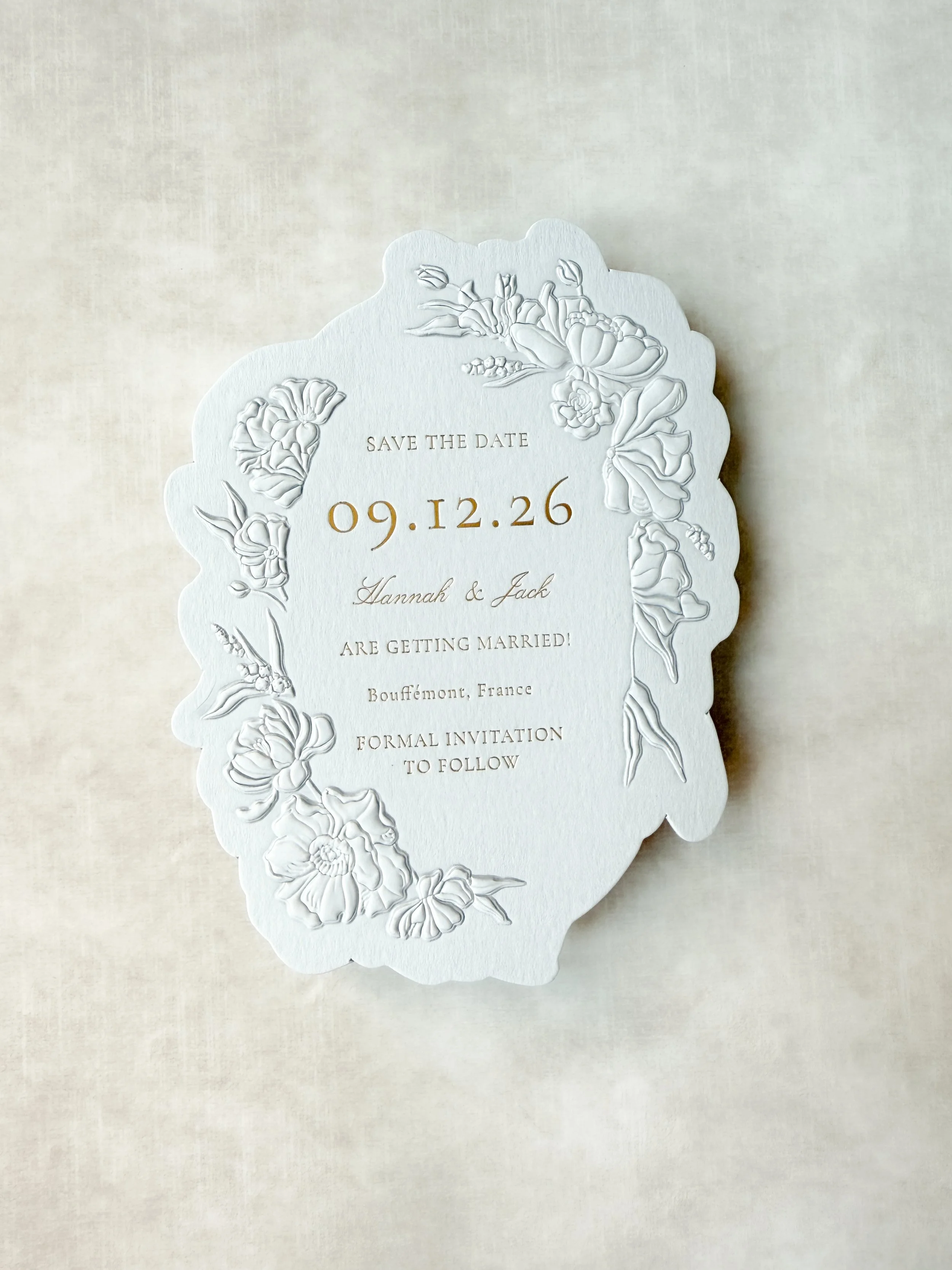 Sculpted embossed wedding invitations | Lettering By GRG