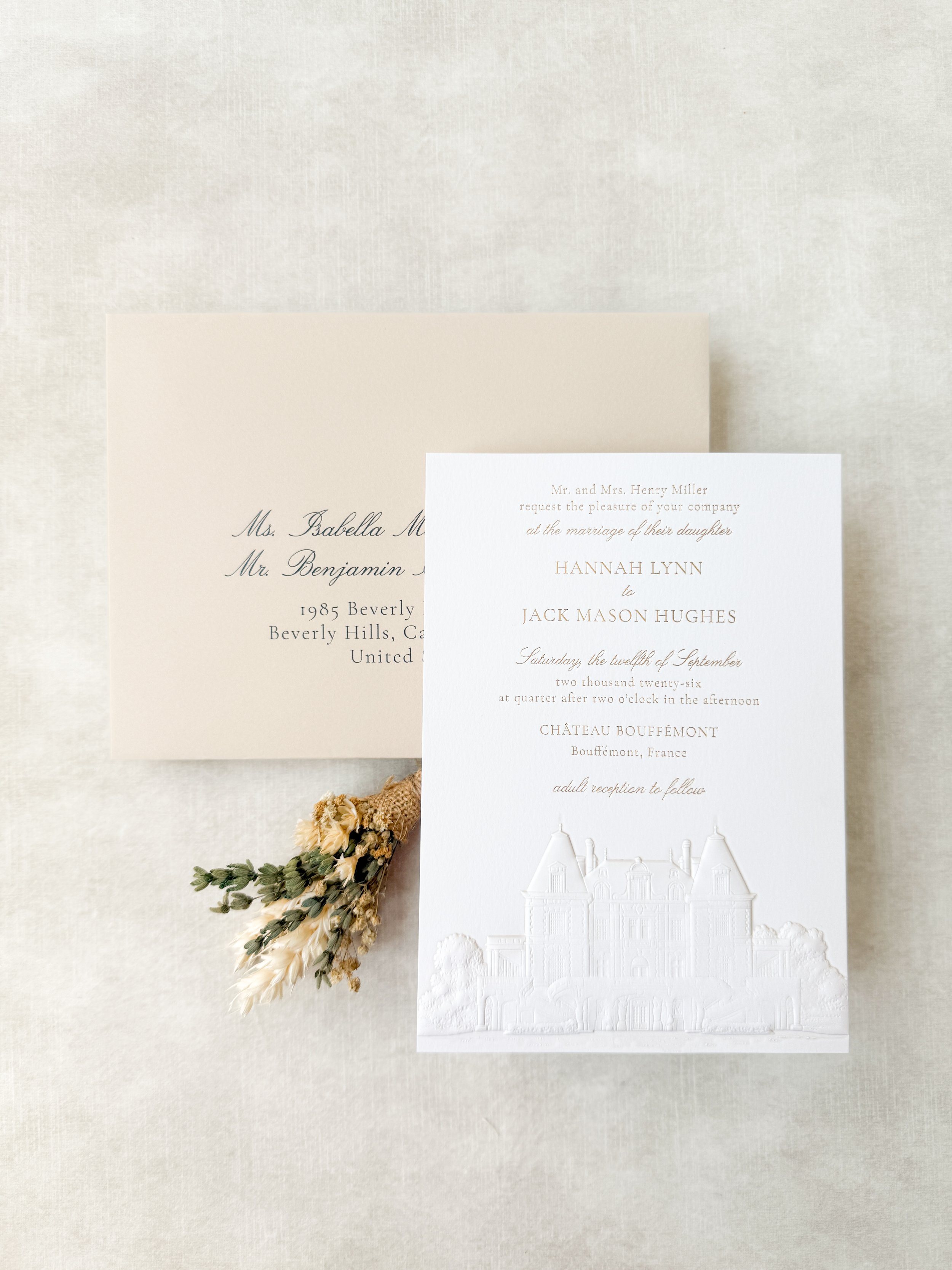 Sculpted embossed wedding invitation — LETTERING BY GRG