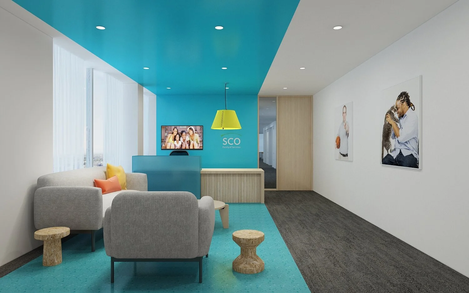 The approachable reception area at SCO Family of Services by Spacesmith