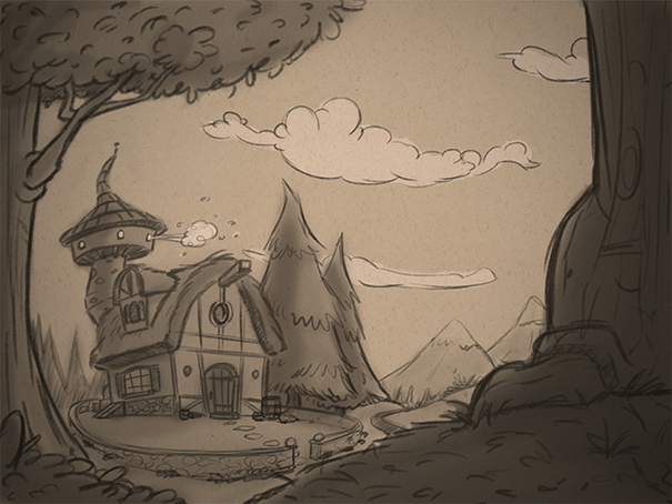 Cartoon drawings a cottage in the woods, drawn by Cartoon Camp instructor at Upchuckle Education in Barrie, ON