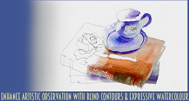 An image of a blind contour ink drawing with pops of watercolour (by local artist and instructor, Corrie Sherwin) for UCW: Contours & Watercolour where students retrain their artistic perception. Only at Upchuckle Education in Barrie, ON