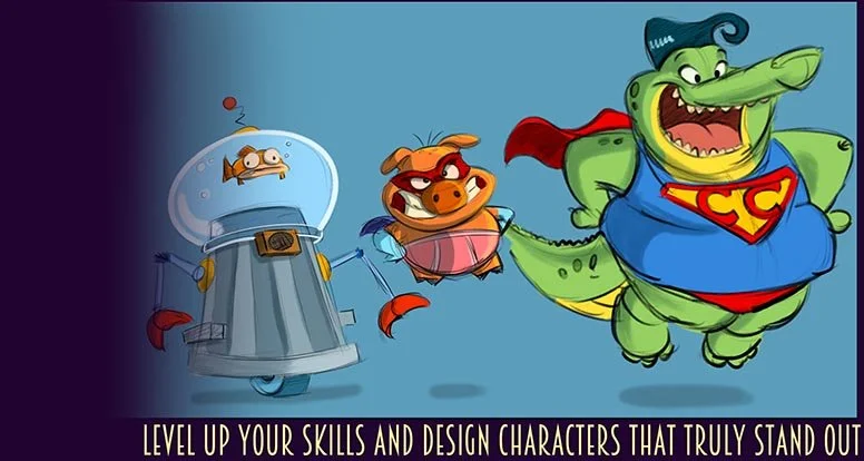 Level up your skills and design characters that truly stand out! A drawing of a super-hero crocodile, his pig sidekick and their nemesis. Only at Upchuckle Education in Barrie, ON
