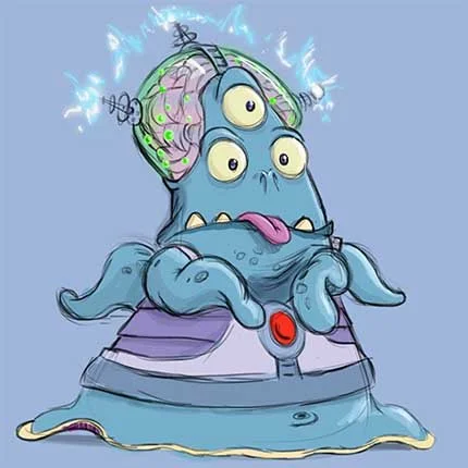 Evil Alien Overlord Glockbluck. A cartoony-looking alien with tentacles. Learn to aliens & monsters with personality at Cartoon Camp! Only at Upchuckle Education in Barrie, ON