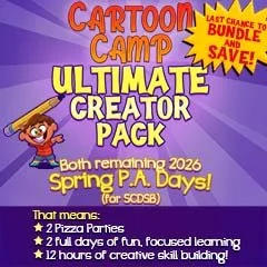 Save when you bundle all remaining Term 2 P.A. Day Cartoon Camps together with the Ultimate Creator Pack! Only at Upchuckle Education in Barrie