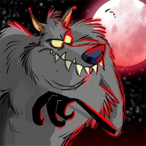 Upchuckle Education Cartoon Camp After School Program for October is Monster mash Month. The image is a cartoon drawing of a werewolf illuminated by the red full moon.