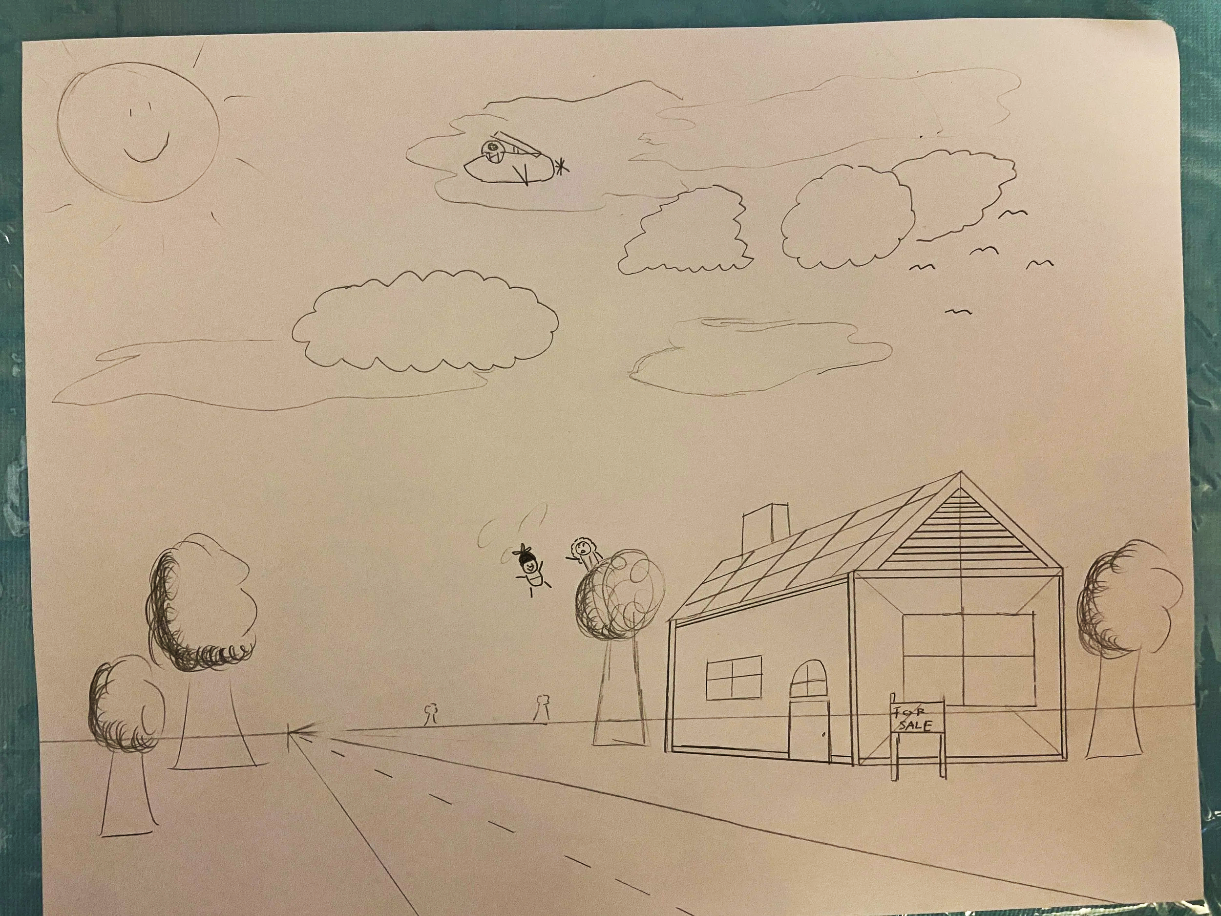 A 1-point perspective drawing of a house beside a road, drawn by a Cartoon Camp student at Upchuckle Education in Barrie, ON