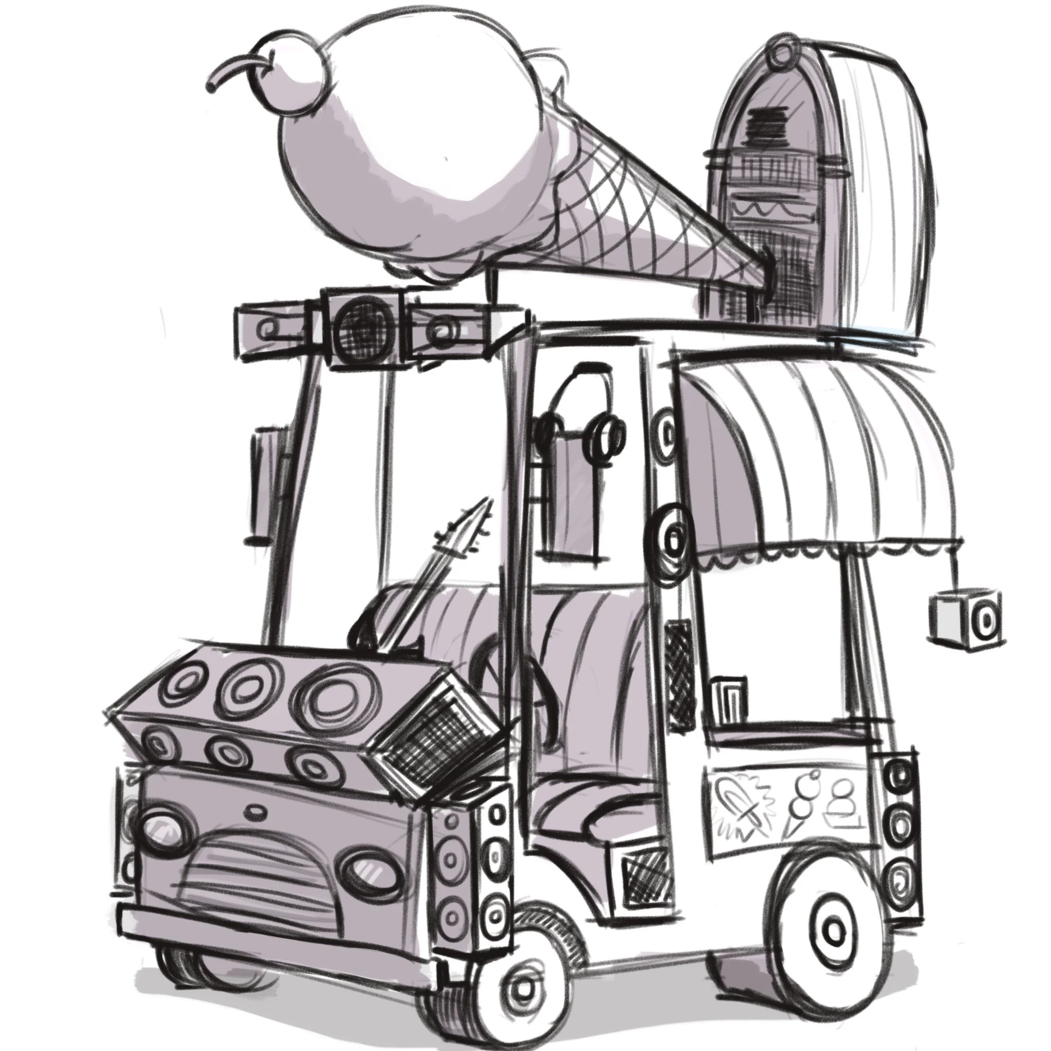 Instructor of our art classes and Cartoon Camps in Barrie, ON cartoon drawing of a modified ice cream truck to play loud music.