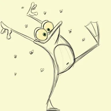 Upchuckle Education Cartoon Camp After School Program for May is Pushed poses & Extreme Expressions. The image is a cartoon drawing of a happy frog dancing.