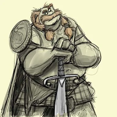 Upchuckle Education Cartoon Camp After School Program for March is Character Creator. The image is a drawing of a Scottish Lord in armor, leaning on his large sword