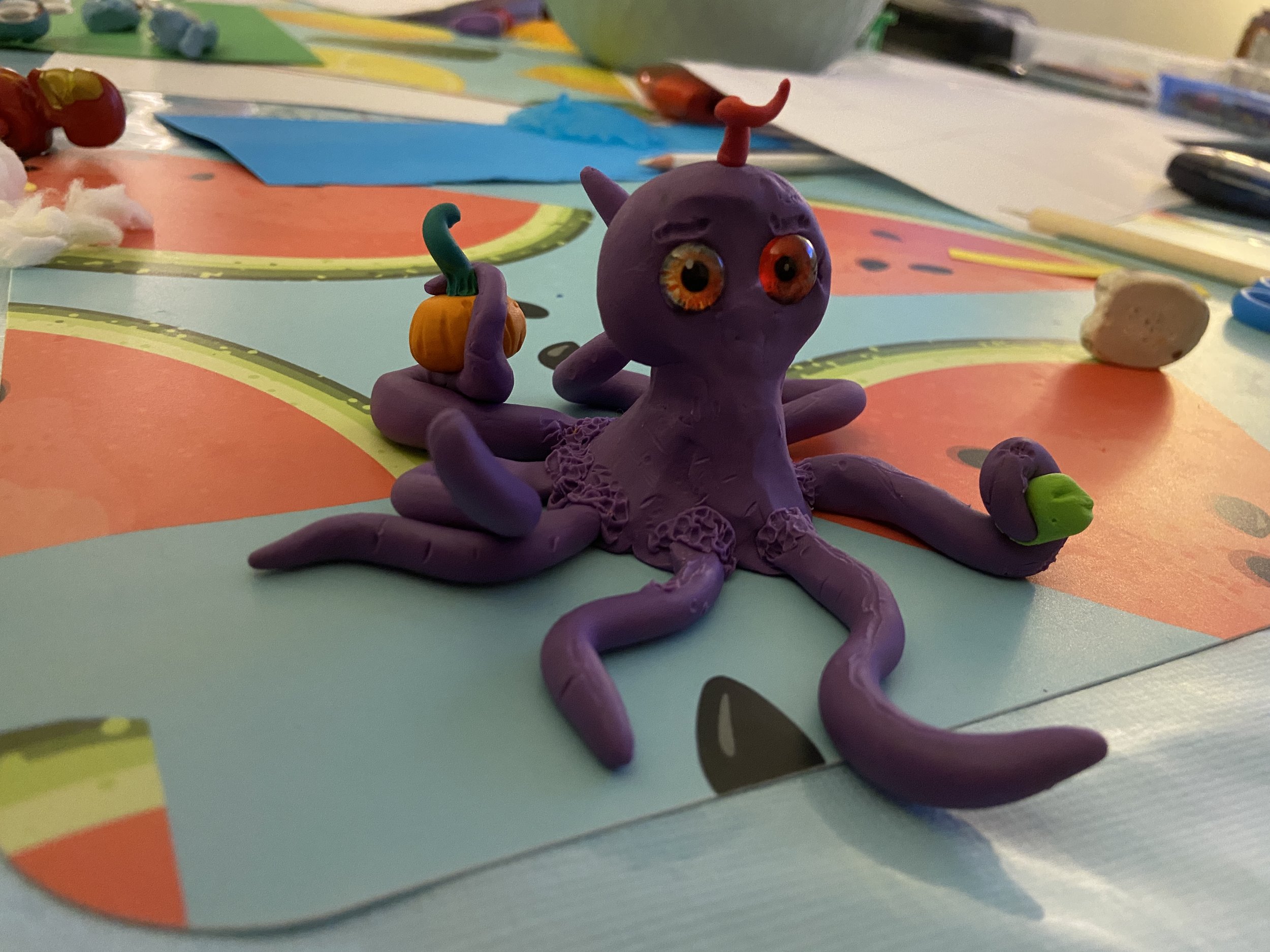 A student's sculpture of an octopus monster at our stop-motion Cartoon Camp at Upchuckle Education in Barrie, ON. Art and animation classes for kids.