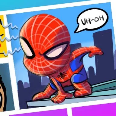Upchuckle Education Cartoon Camp After School Program for June is Comic Creator. The image is a cartoon drawing of a child Spider-Man