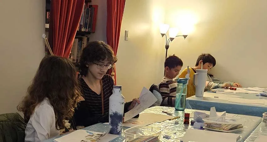 Students hard at work creating at Upchuckle Education's Cartoon Camp in Barrie, ON