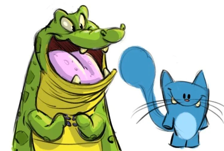 Cartoon drawings of a crocodile and a blue cat, drawn by Cartoon Camp instructor at Upchuckle Education in Barrie, ON