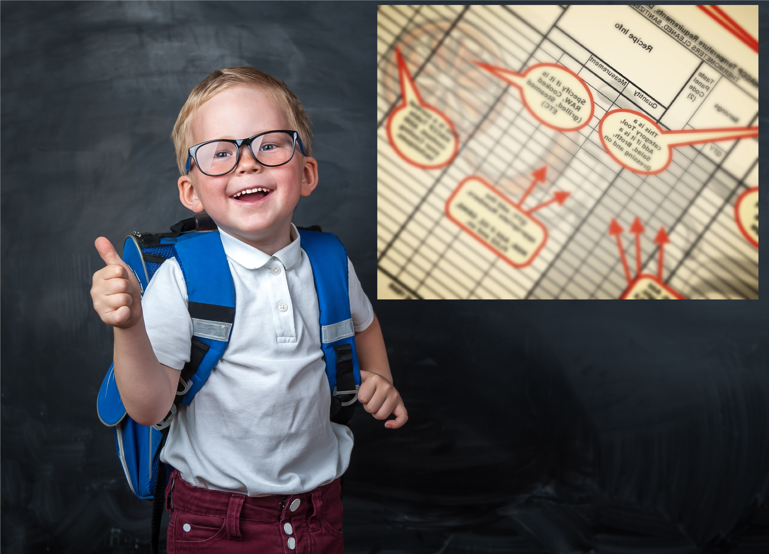 Happy smiling boy in glasses with thumb up is going to school for the first time. Child with school bag and book.png