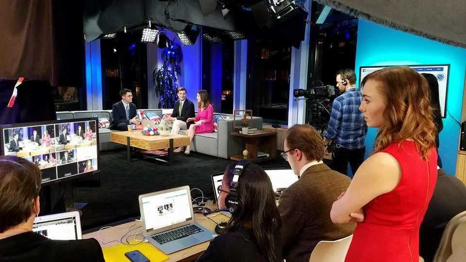 Vince Coglianese, Alex Pappas, and Kaitlan Collins broadcast live from Facebook’s New York City headquarters on Election Night 2016. (Chris Bedford)