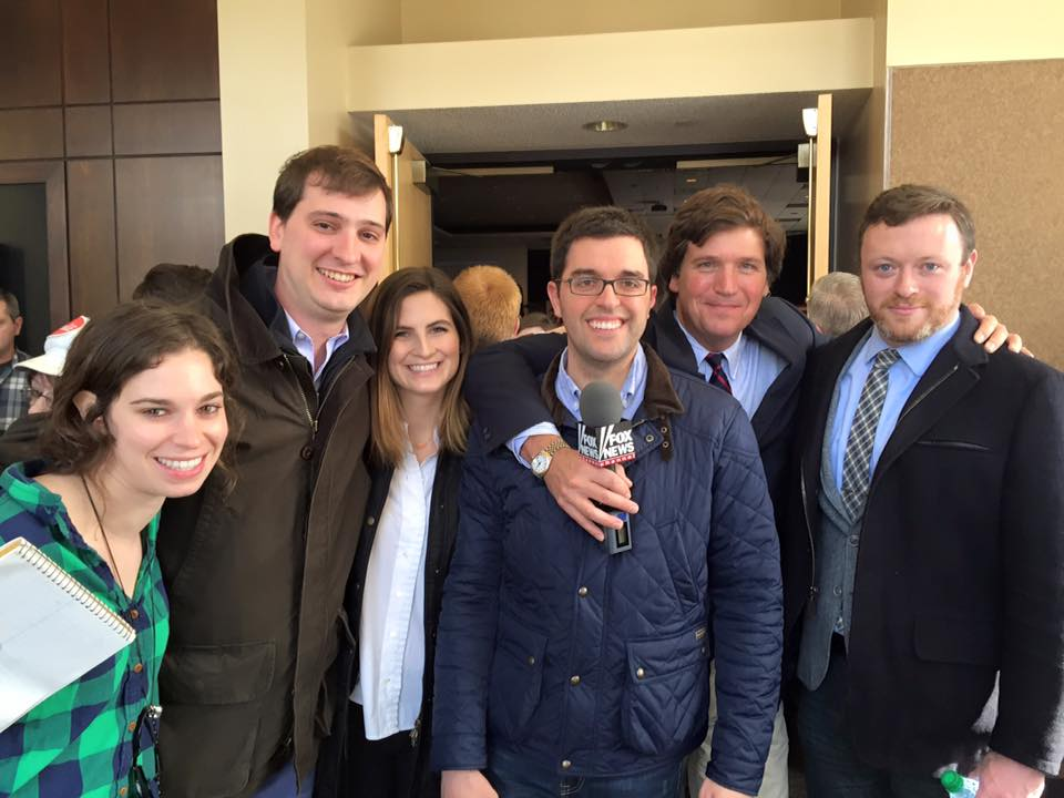 Alexis Levinson, Alex Pappas, Kaitlan Collins, Vince Coglianese, Tucker Carlson, and Chris Bedford in Iowa ahead of the 2016 caucuses.