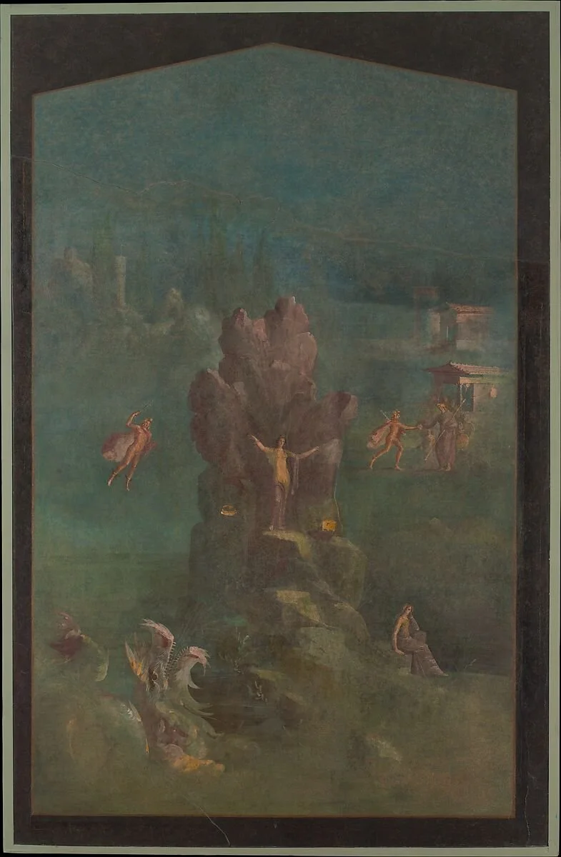 A religious painting depicting Jesus Christ on a cross with figures around him, set in a landscape with mountains and buildings, with mythical creatures and a woman sitting at the bottom.
