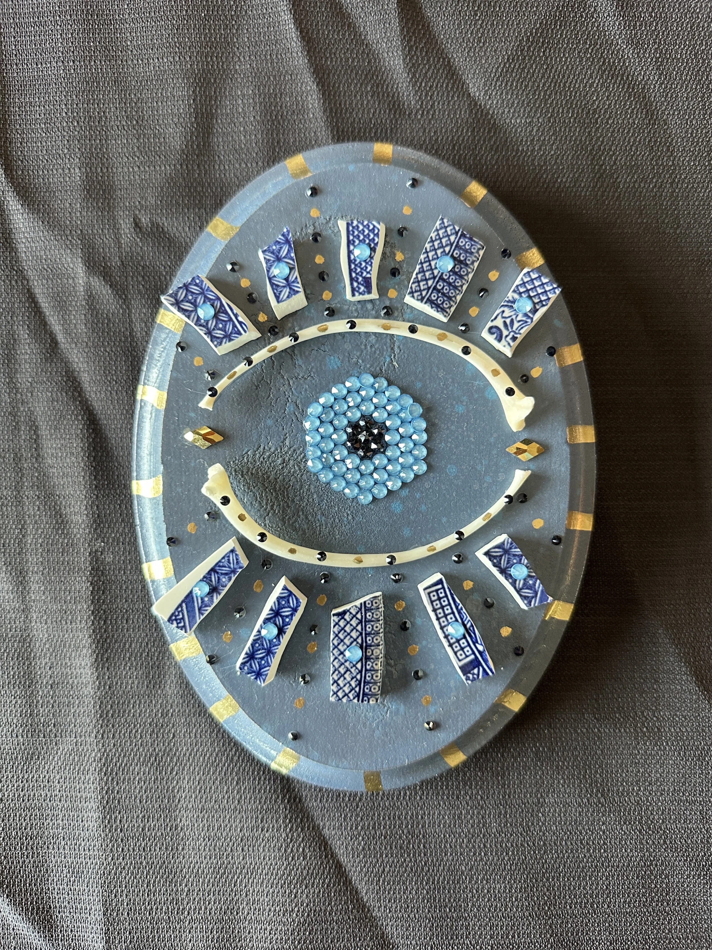 Blue China and Gold Evil Eye Ward