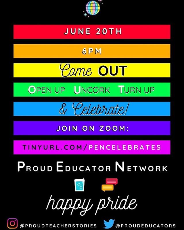 🏳️&zwj;🌈🏳️&zwj;🌈🏳️&zwj;🌈Happy Pride! 🏳️&zwj;🌈🏳️&zwj;🌈🏳️&zwj;🌈 To our Proud Educators and friends,

Please join us this Saturday to celebrate Pride and the end of the school year!  Happy Hour!  Proud Teacher Stories!  Dance Party!

Starts 
