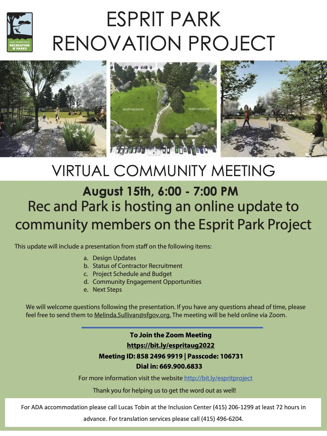 Esprit Park Renovation Project: Virtual Community Meeting August 16