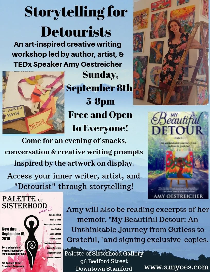 This Sunday I’ll be leading a creative storytelling and writing workshop at the Palette of Sisterhood Gallery (96 Bedford Street, Stamford CT) where my art is currently on display. Come for a free event 5-8pm of snacks, creative story prompts, and a book signing!