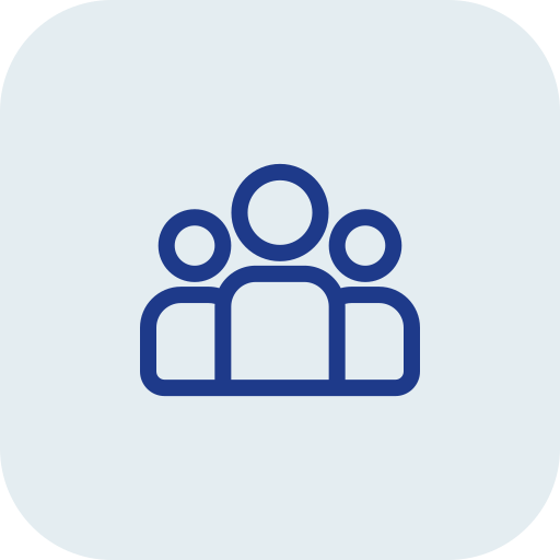 Icon of three blue human figures representing a group or team on a light blue background.