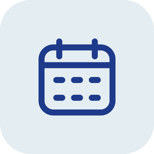 Icon of a calendar with a blue outline on a light gray background.