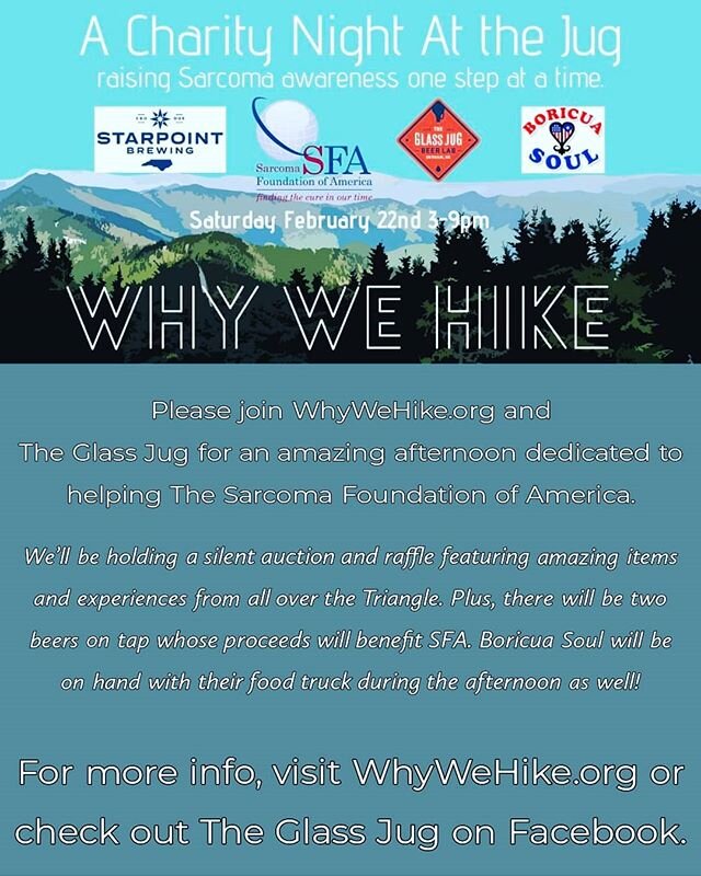 Please join us February 22nd from 3-9pm at @glassjug in Durham, as we stand together to raise much needed awareness and funds for The Sarcoma Foundation of America (@curesarcoma). We'll be holding a silent auction and raffle, with proceeds going to S