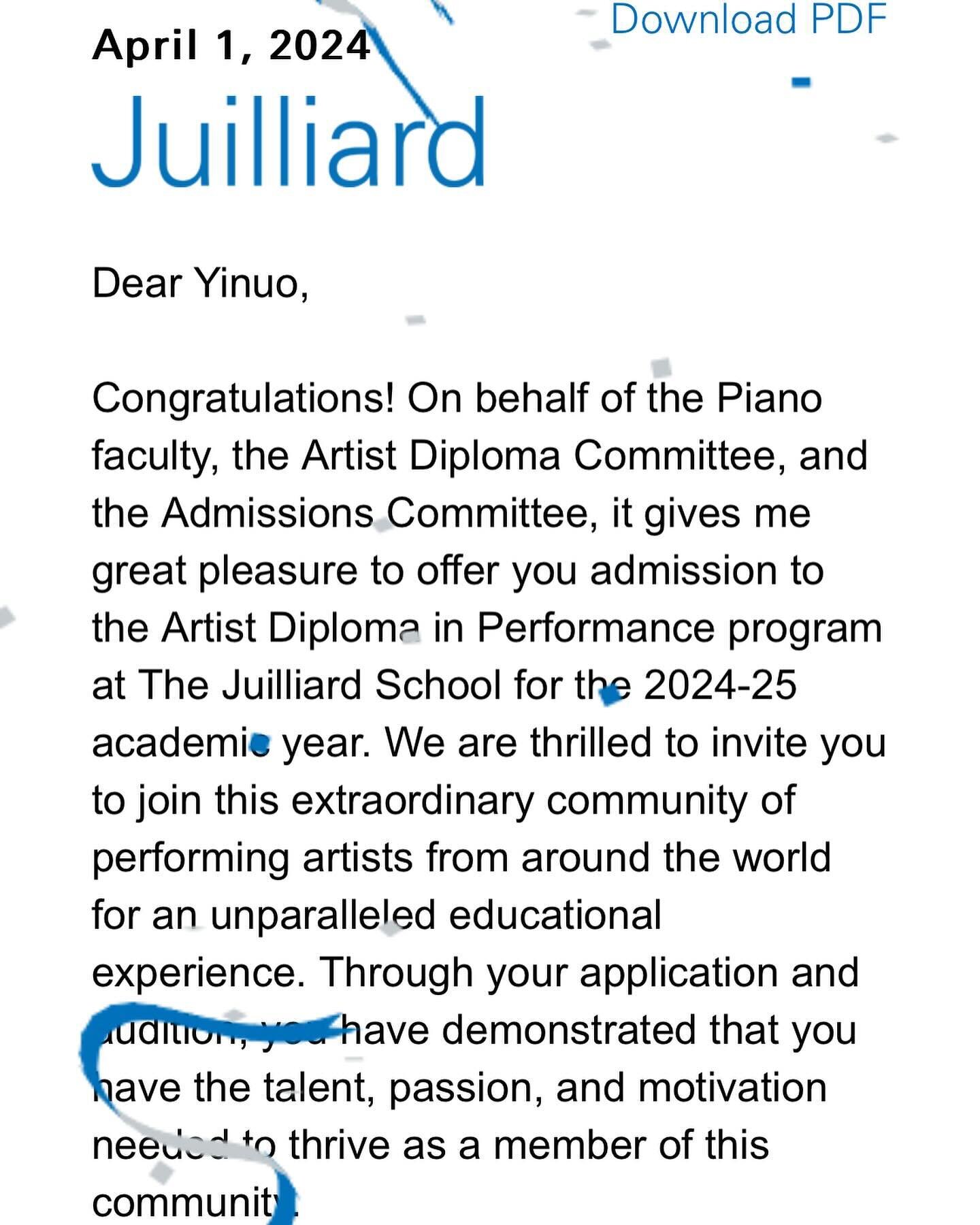 It was my honor to receive the Artist Diploma offers from both the Juilliard School and Yale School of Music. After much thought and consideration, I&rsquo;ve decided to continue my musical journey at Juilliard. As moving on to this next chapter, I&r
