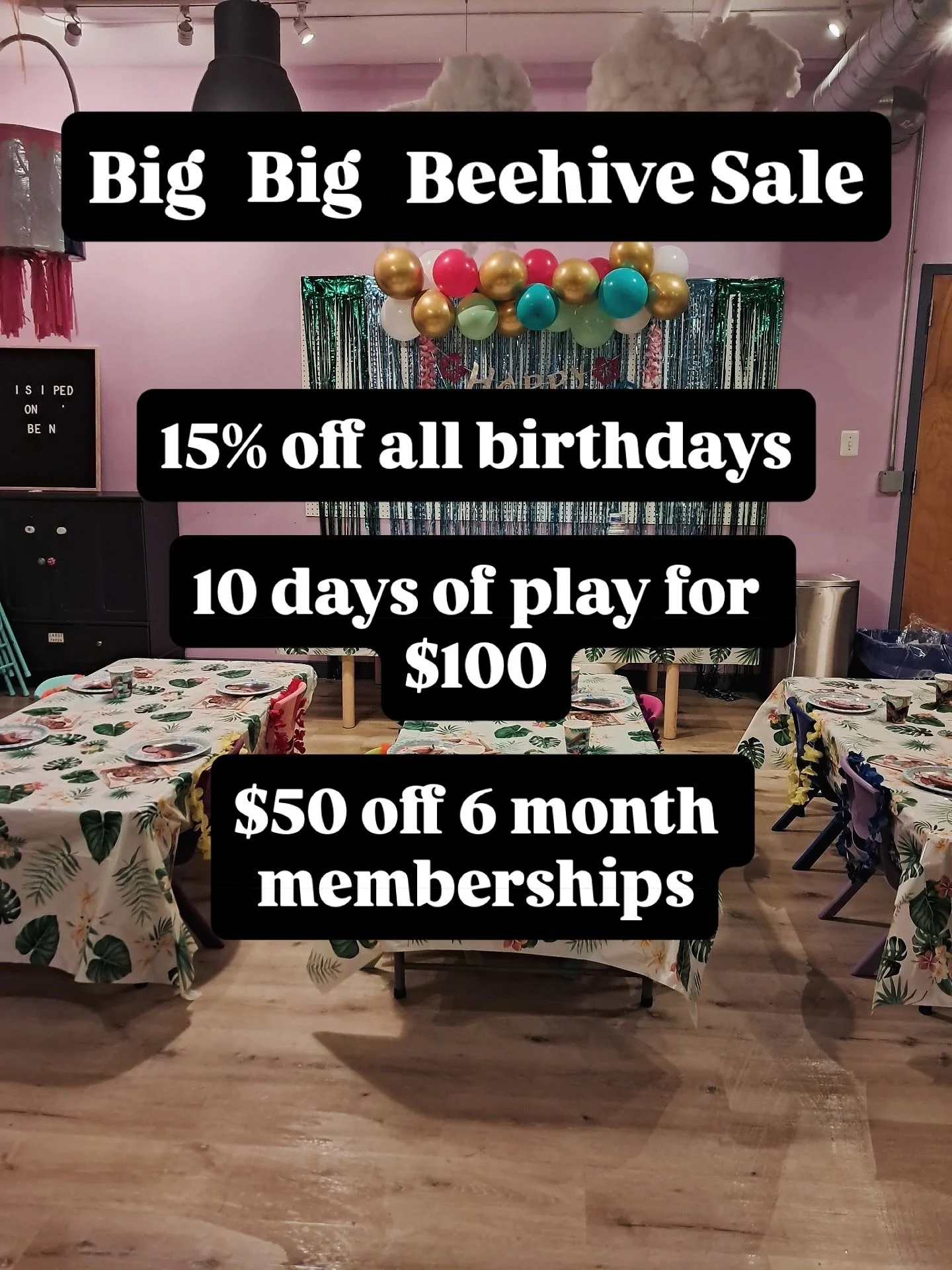 Today only! 

🌈Book a birthday for 15% off (use the code SUMMER_SPECIAL)

💎6 month memberships can start at anytime and the discount is applied automatically at checkout ($360 value for $250)

🦋10 day play pass for $100 ($150 value) applied at che