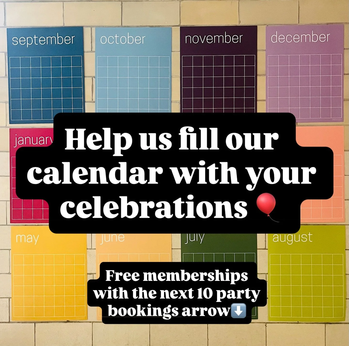 First, Instagram got me with this big calendar! It&rsquo;s so pretty on our wall 🌈 

Second- we some upcoming availability for parties in September and October that we would love to fill! 

Third- and this is the big one: the next 10 families who bo