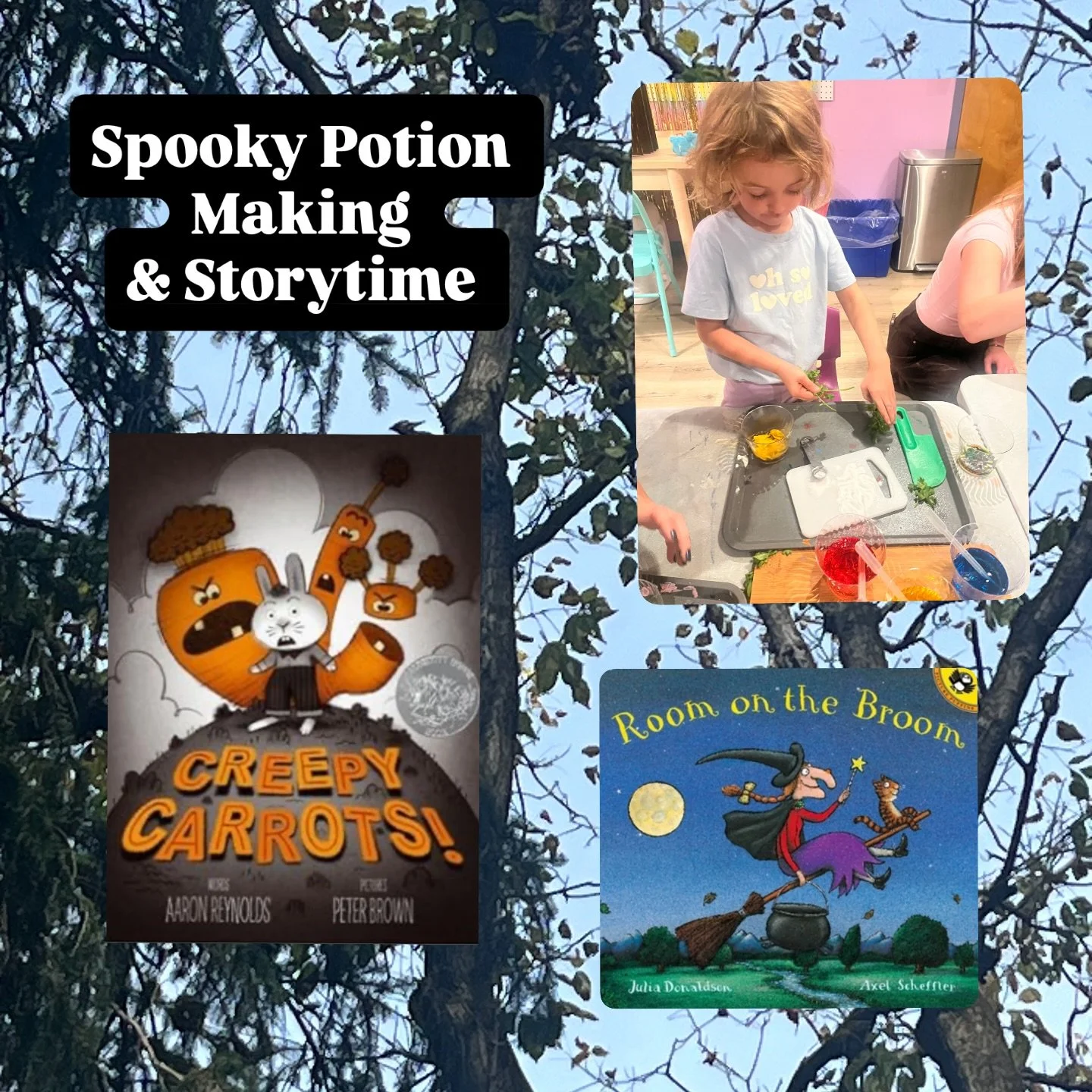 Spooky Potion Making & Storytime was such fun on Sunday! We read Creepy Carrots and Room on the Broom and then made a whole bunch of potions. 
Our little witches smashed 🌻 sunflower pedals, used baking soda and vinegar to make mini explosions,