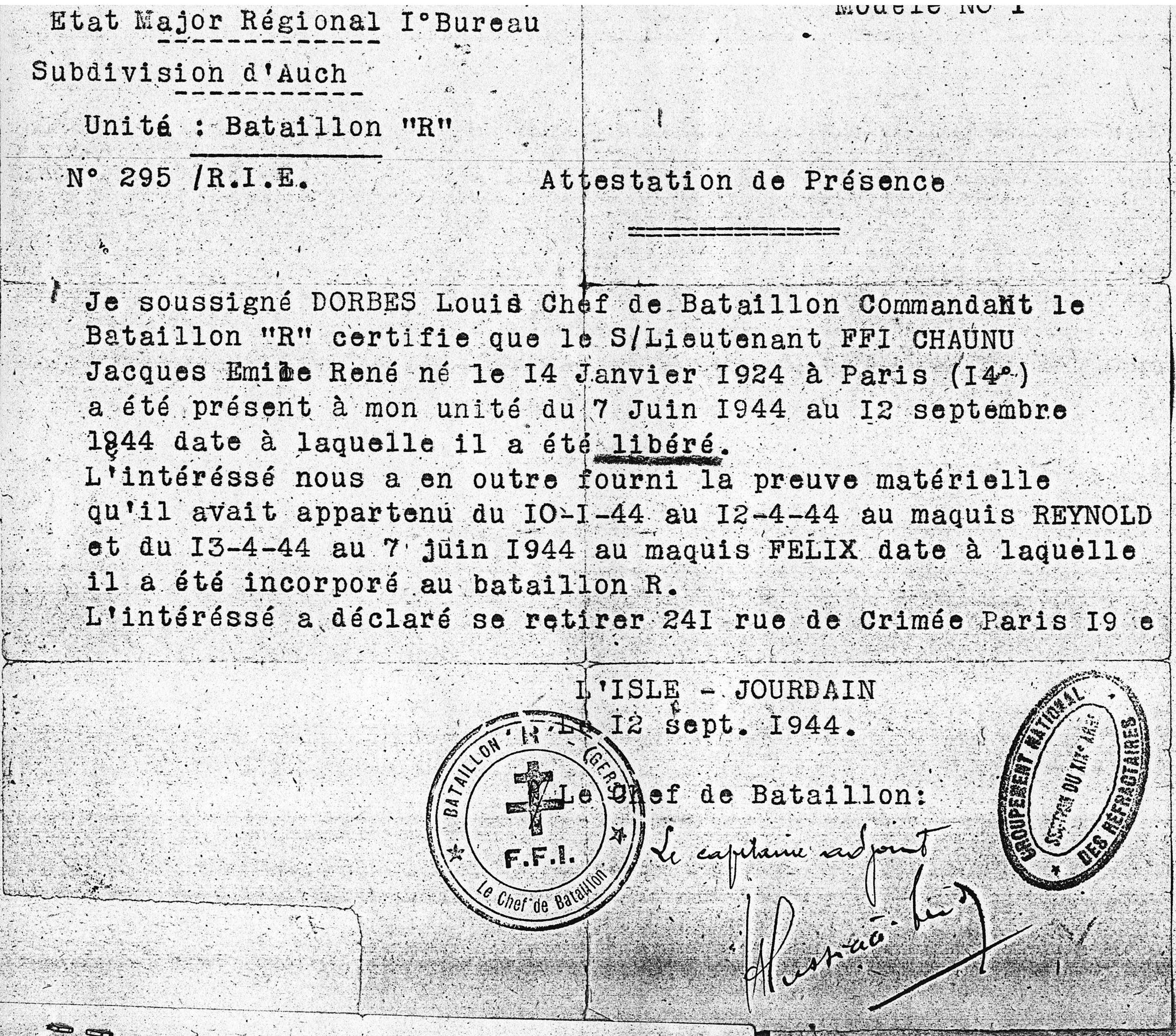 Attestation de présence Jacques Chaunu - Battaillon %22R%22 du Gers 12 sept 1944 .JPG