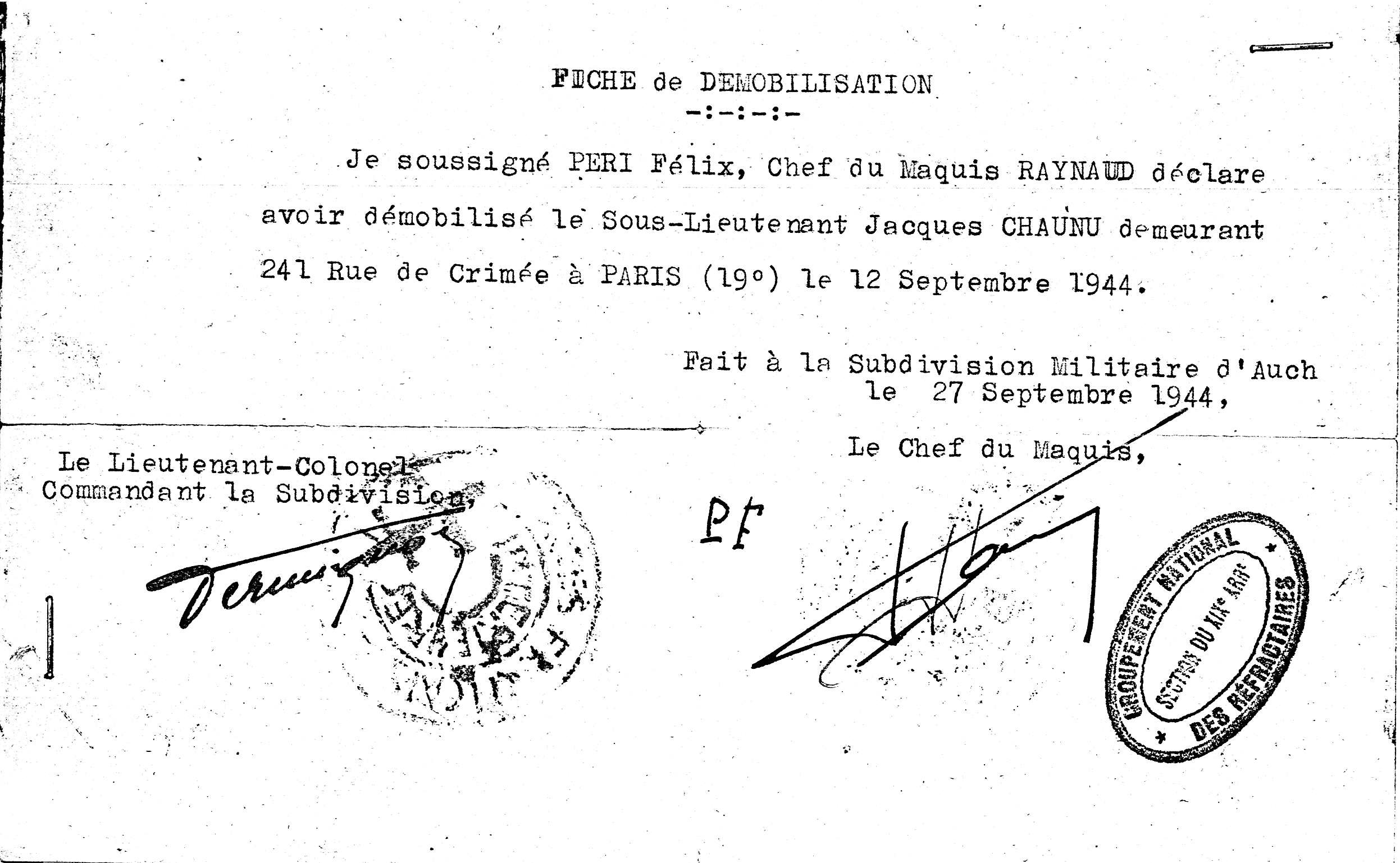 Fiche de démobilisation Jacques Chaunu 12 septembre 1944.JPG