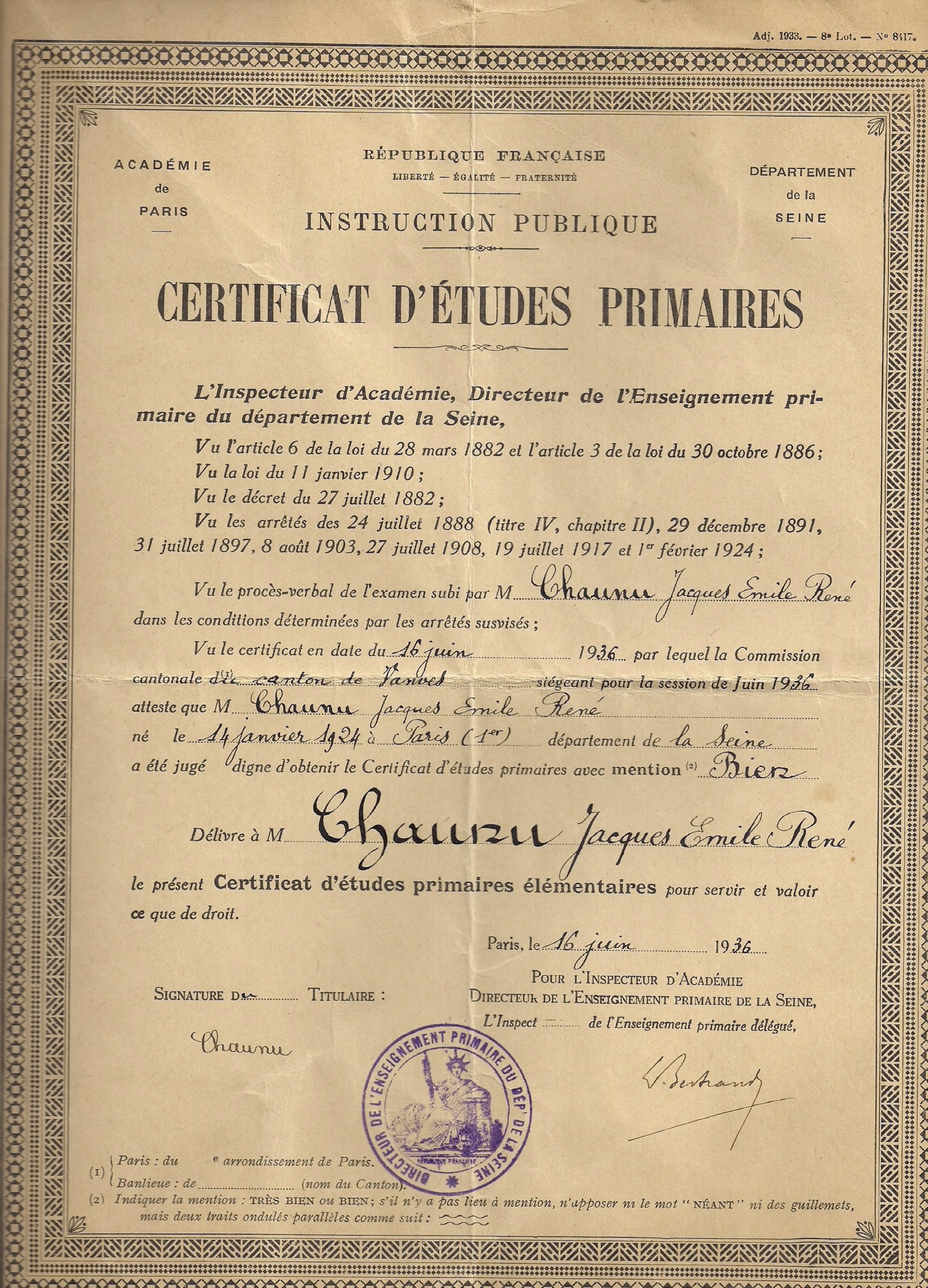 Diplôme Etudes Primaires - Jacques Chaunu 1936 .jpg