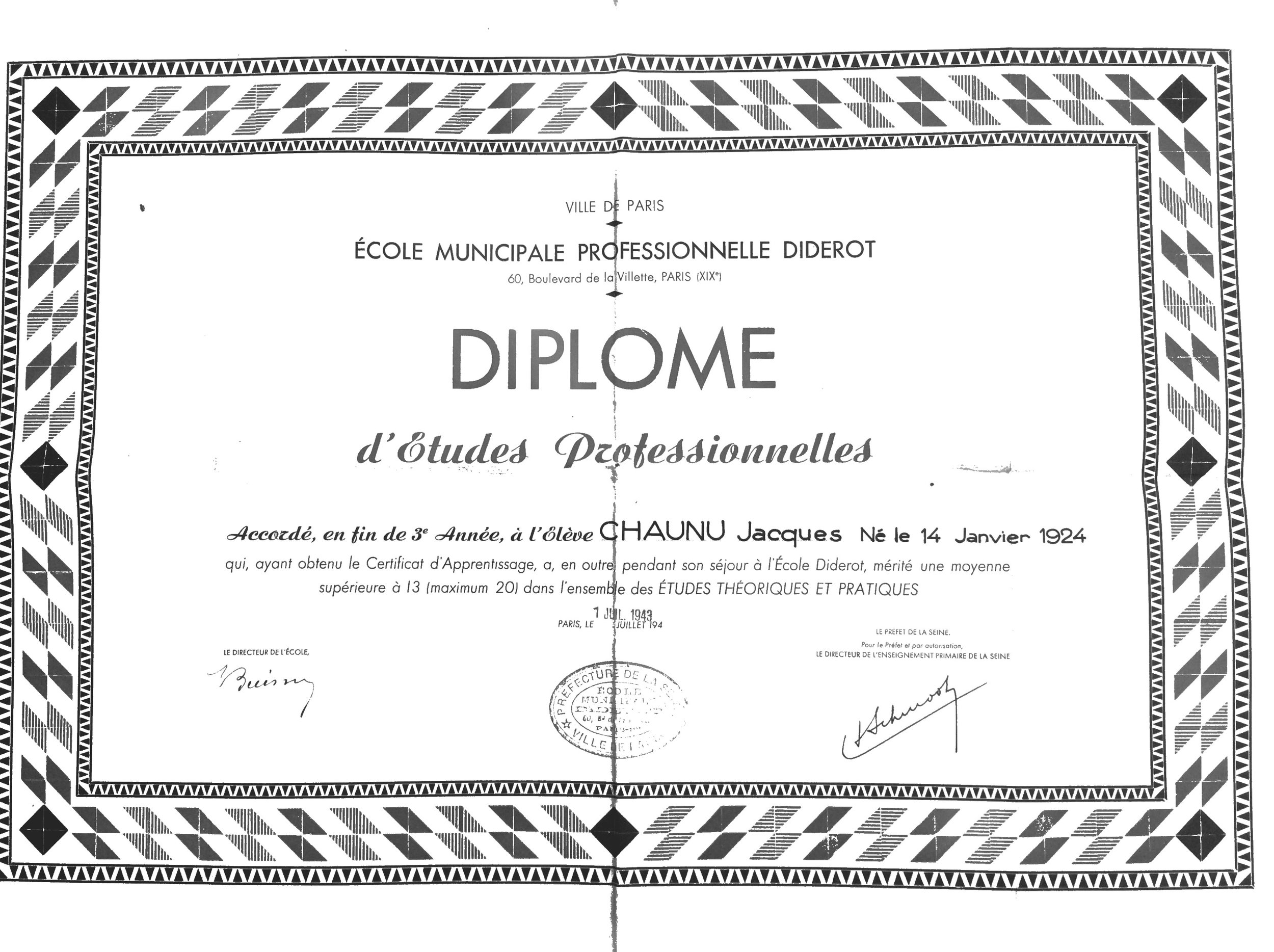 Diplôme Ecole Diderot - Jacques Chaunu 1er Juillet 1943.jpg