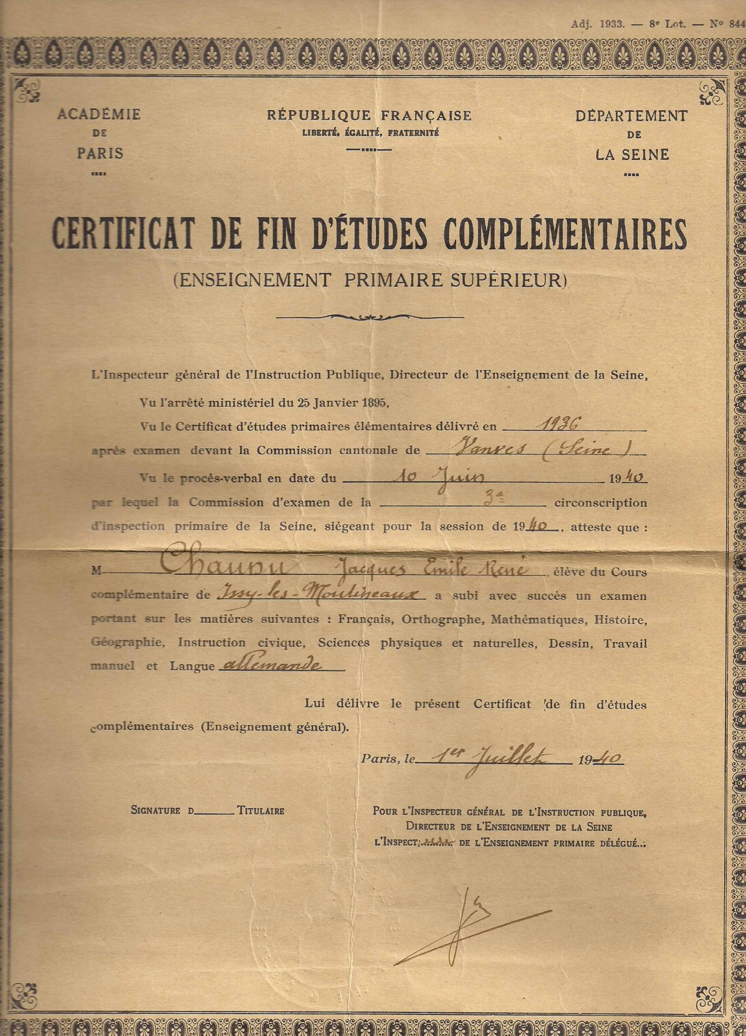 Certificat de Fin d'Etudes Complémentaires- Jacques Chaunu 10 Juin 1940 .jpg