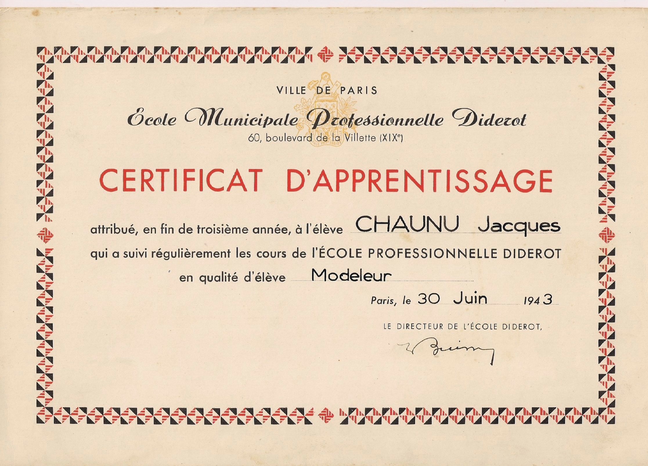 Certificat Ecole Diderot - Jacques Chaunu 30 Juin 1943 .jpg