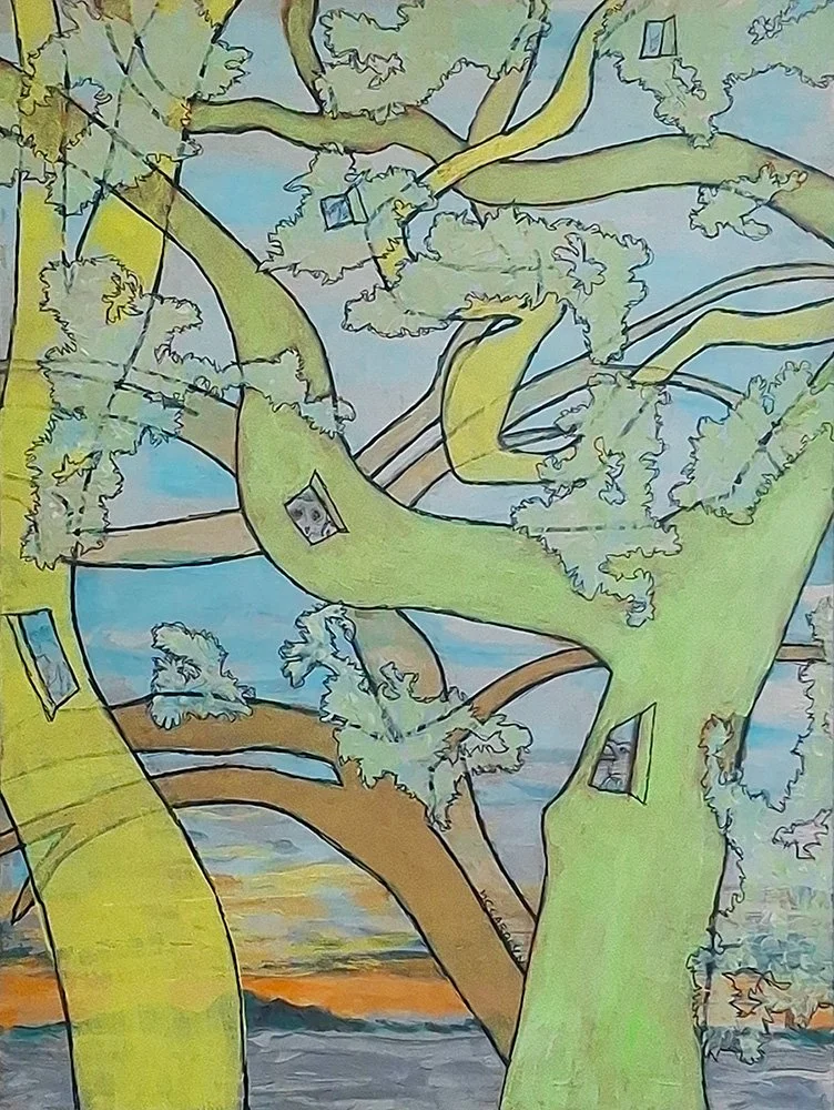 MC Carolyn's painting "Home 26 - Oak Forest" in acrylic paints, inks, alcolhol inks on alumiinum panel features to abstract trees with forest animals peeking out from doors in the trunks